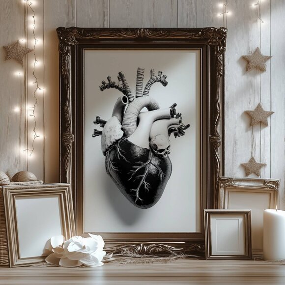 8.5x11 Black Anatomical Heart Art Print, Goth Valentine - Picture 2 of 3